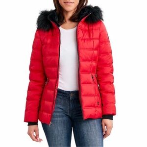 Nautica Women's Red Puffer Jacket with Black Faux Fur Hood